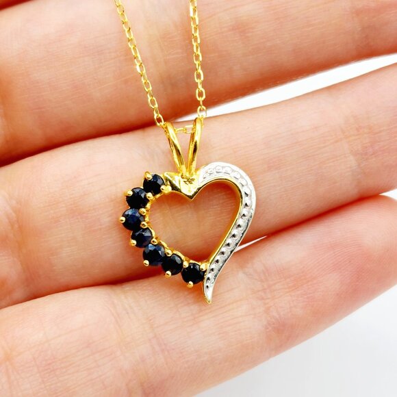 Sterling Silver Gold plated Heart Shaped with 7 Genuine Blue Sapphire Pendant - Picture 5 of 7